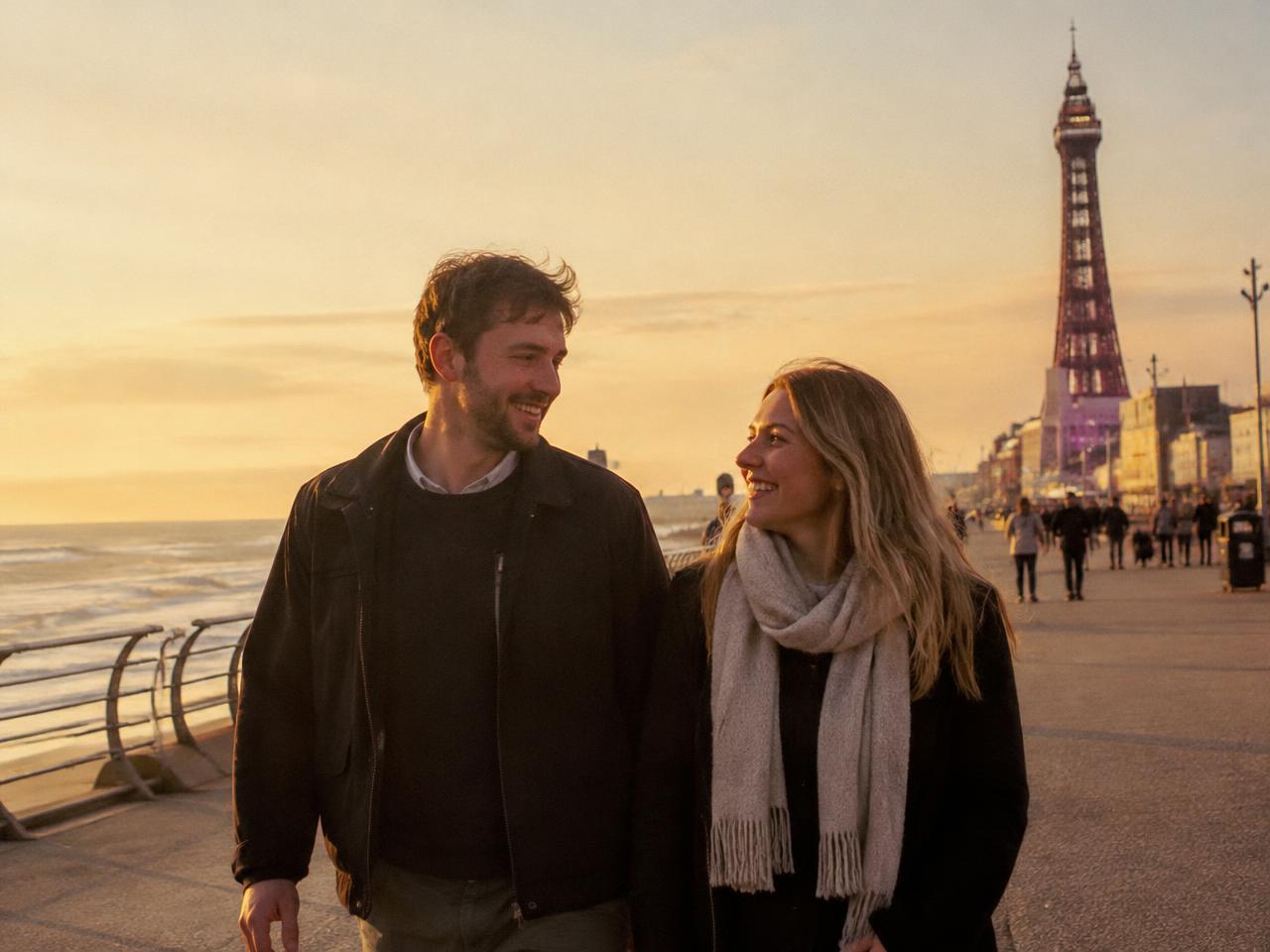 Couple walking on Blackpool promenade at sunset